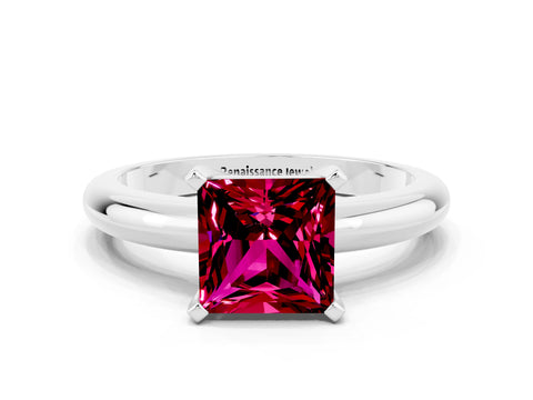 White gold Princess Cut Garnet Solitaire Engagement Ring with Round Band and Four-Prong Setting