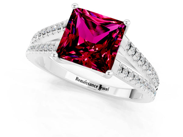 Platinum Princess Cut Garnet Solitaire Engagement Ring with Split Shank Pavé Band