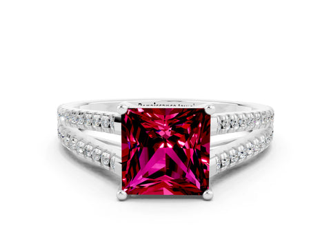 White gold Princess Cut Garnet Solitaire Engagement Ring with Split Shank Pavé Band