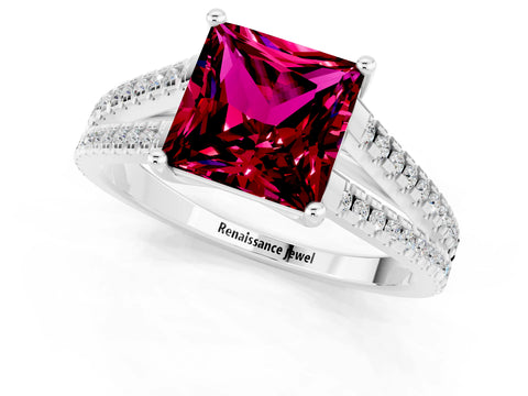 White gold Princess Cut Garnet Solitaire Engagement Ring with Split Shank Pavé Band_1