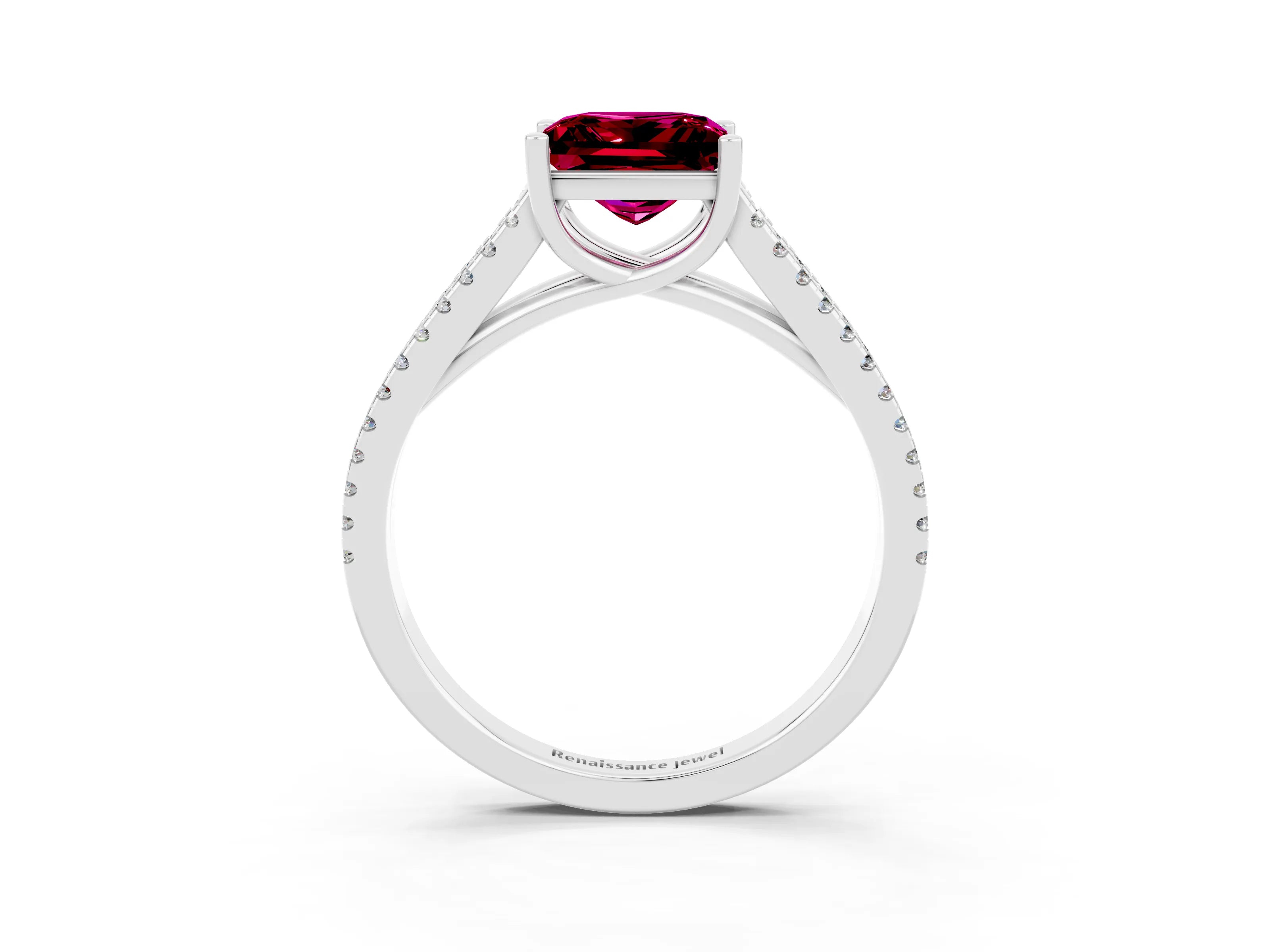White gold Princess Cut Garnet Solitaire Engagement Ring with Split Shank Pavé Band_3