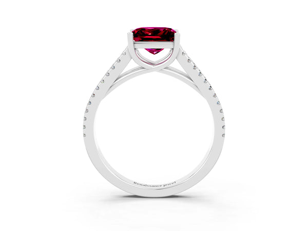 White gold Princess Cut Garnet Solitaire Engagement Ring with Split Shank Pavé Band