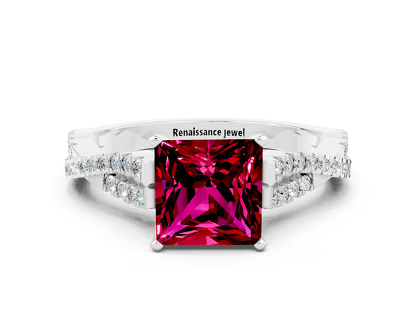 Silver Princess Cut Garnet Solitaire Engagement Ring with Twisted Pavé Band and Four-Prong Setting