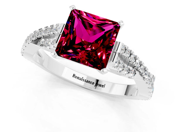 White gold Princess Cut Garnet Solitaire Engagement Ring with Twisted Pavé Band and Four-Prong Setting