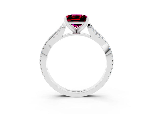 Platinum Princess Cut Garnet Solitaire Engagement Ring with Twisted Pavé Band and Four-Prong Setting