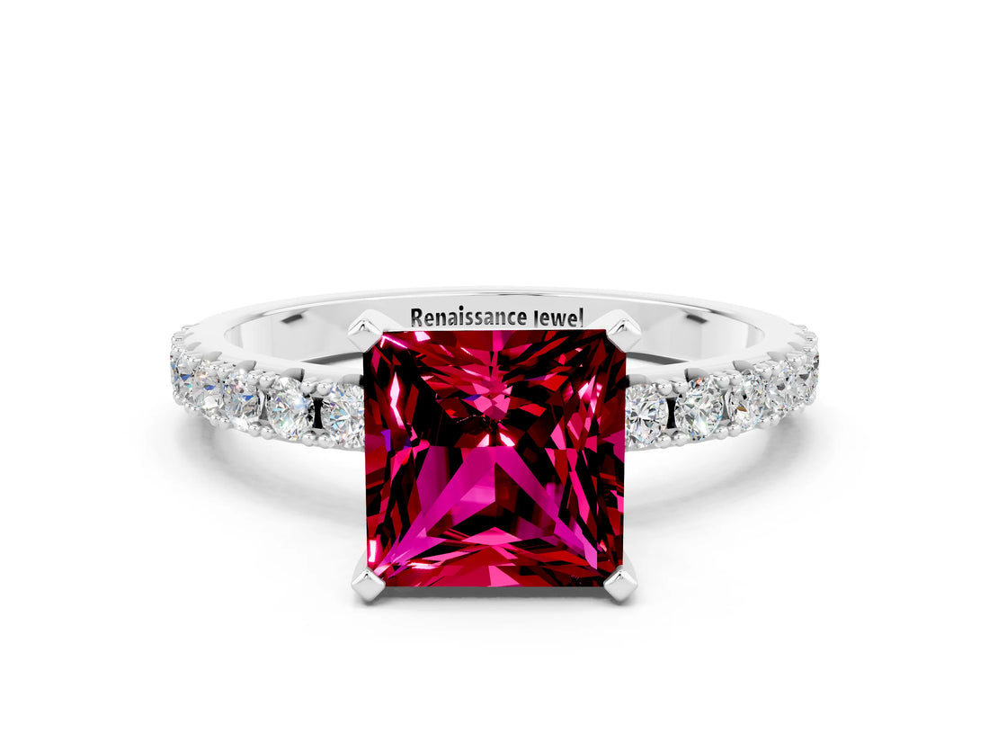 White gold Princess Cut Garnet Solitaire Pavé Band with Four-Prong Setting