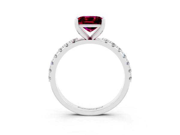 Platinum Princess Cut Garnet Solitaire Pavé Band with Four-Prong Setting