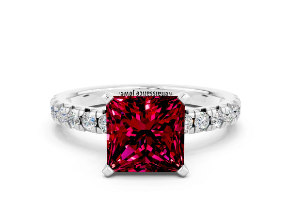 Silver Princess Cut Garnet Solitaire Pavé Engagement Ring with Round Band and Prong Setting