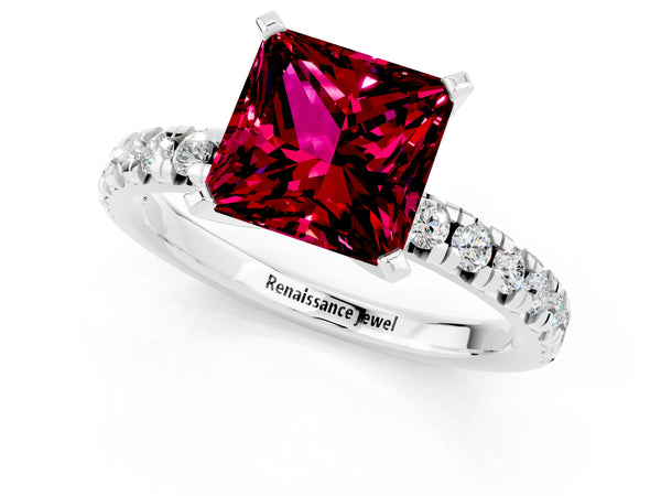 Platinum Princess Cut Garnet Solitaire Pavé Engagement Ring with Round Band and Prong Setting