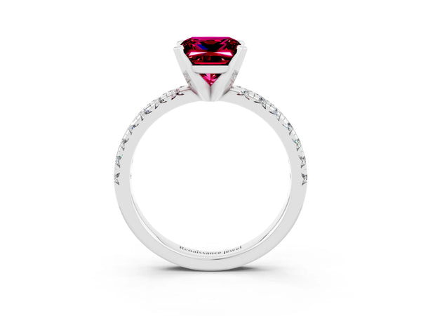 Platinum Princess Cut Garnet Solitaire Pavé Engagement Ring with Round Band and Prong Setting