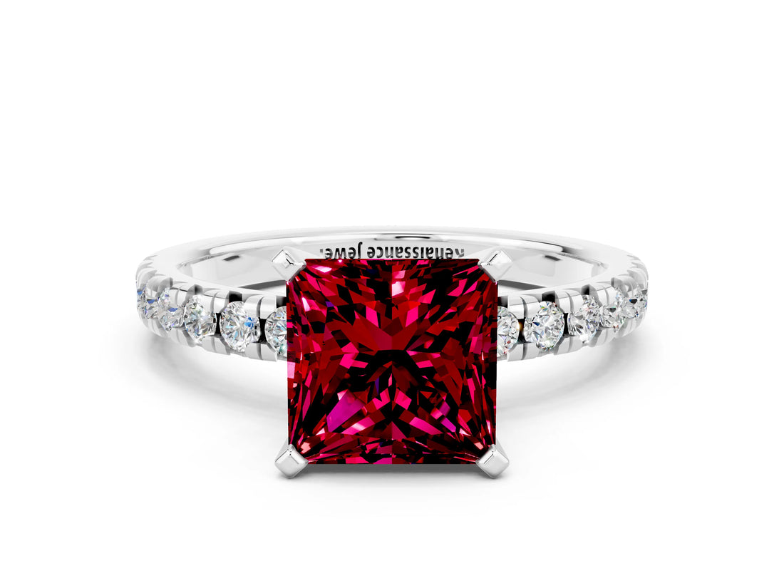 White gold Princess Cut Garnet Solitaire Pavé Engagement Ring with Round Band and Prong Setting_78