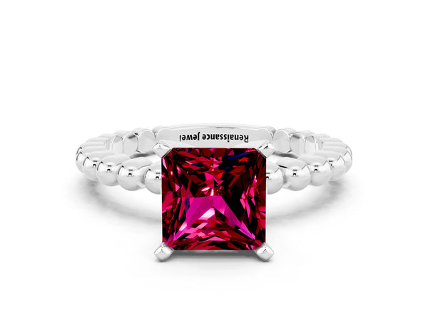 Platinum Princess Cut Garnet Solitaire Ring with Beaded Band and Prong Setting