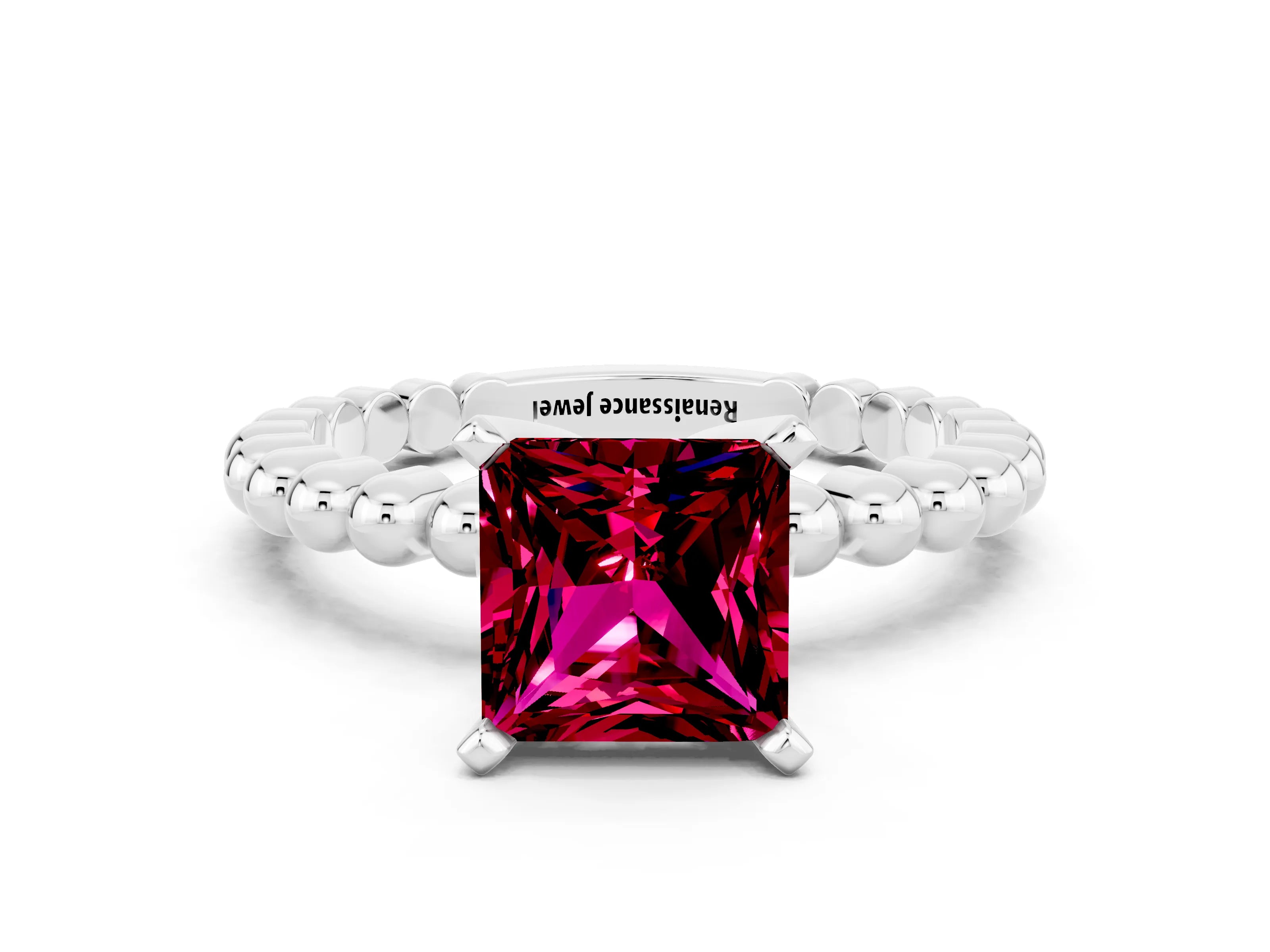 White gold Princess Cut Garnet Solitaire Ring with Beaded Band and Prong Setting_12