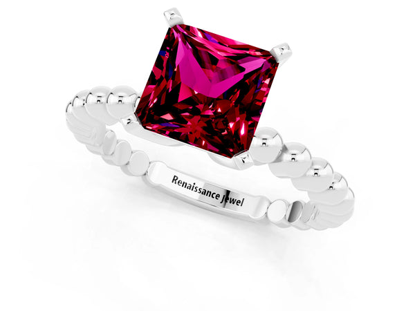 Platinum Princess Cut Garnet Solitaire Ring with Beaded Band and Prong Setting