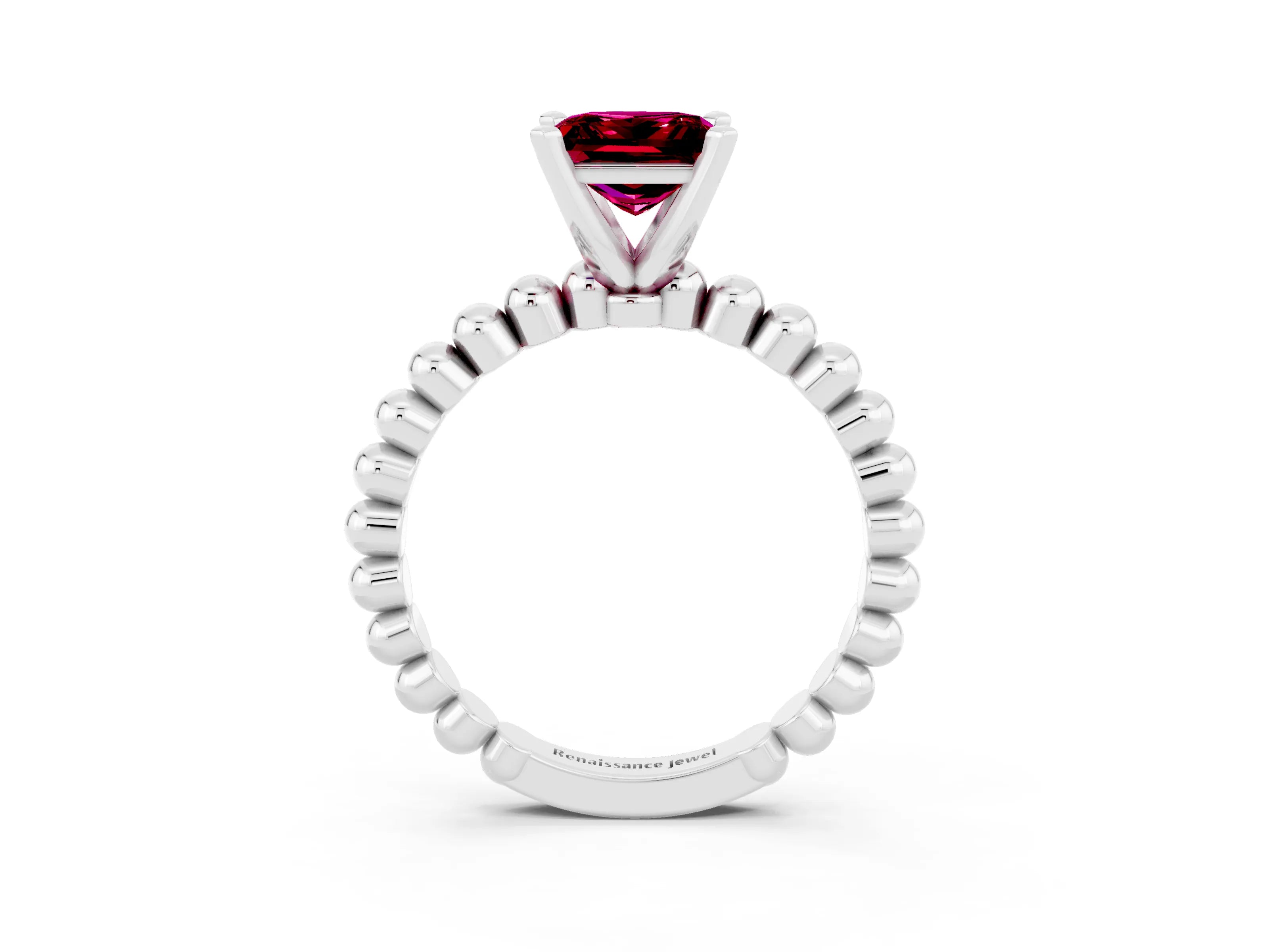 White gold Princess Cut Garnet Solitaire Ring with Beaded Band and Prong Setting_15