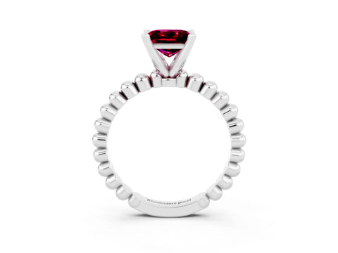 White gold Princess Cut Garnet Solitaire Ring with Beaded Band and Prong Setting_15
