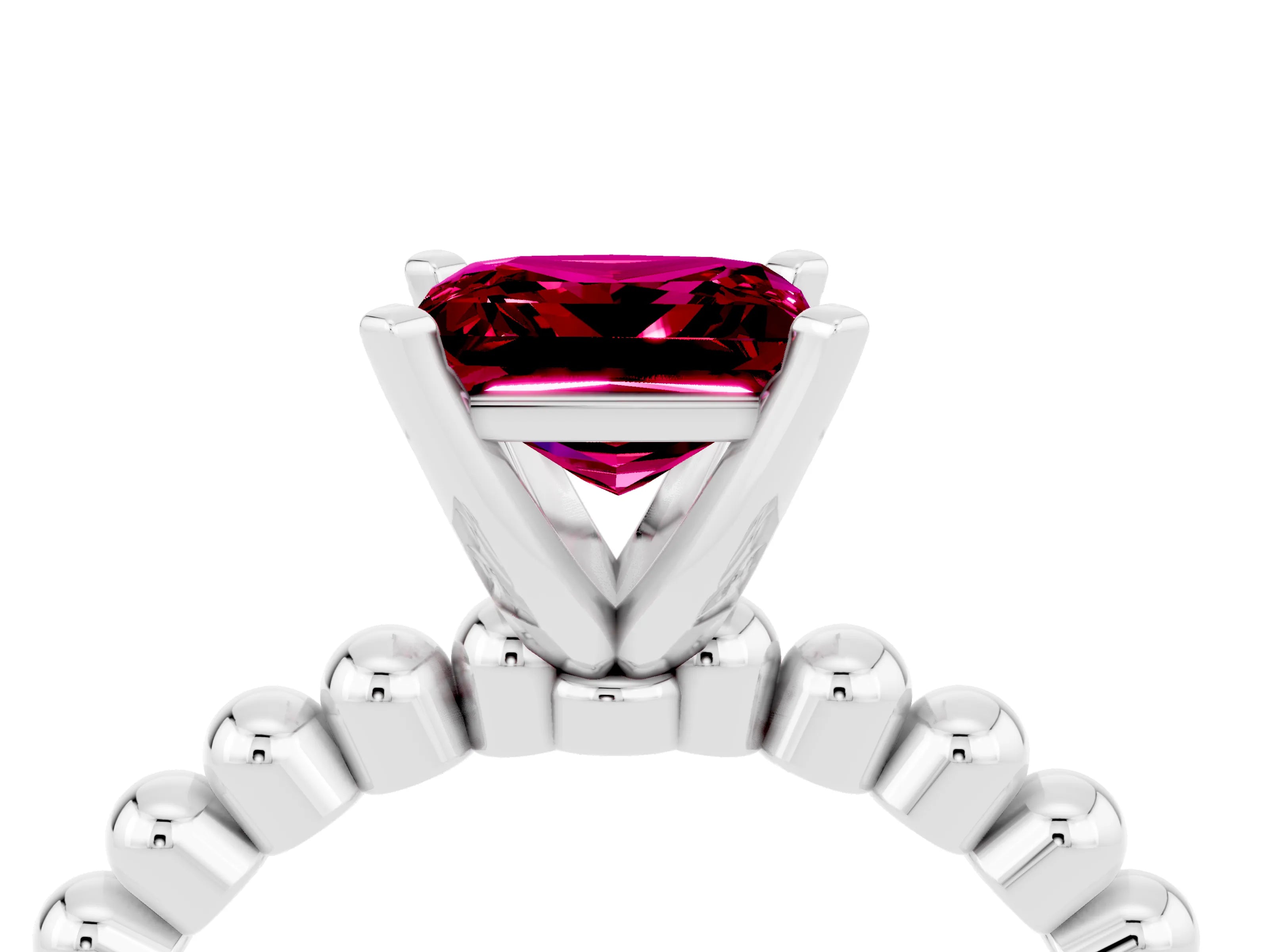 White gold Princess Cut Garnet Solitaire Ring with Beaded Band and Prong Setting_16