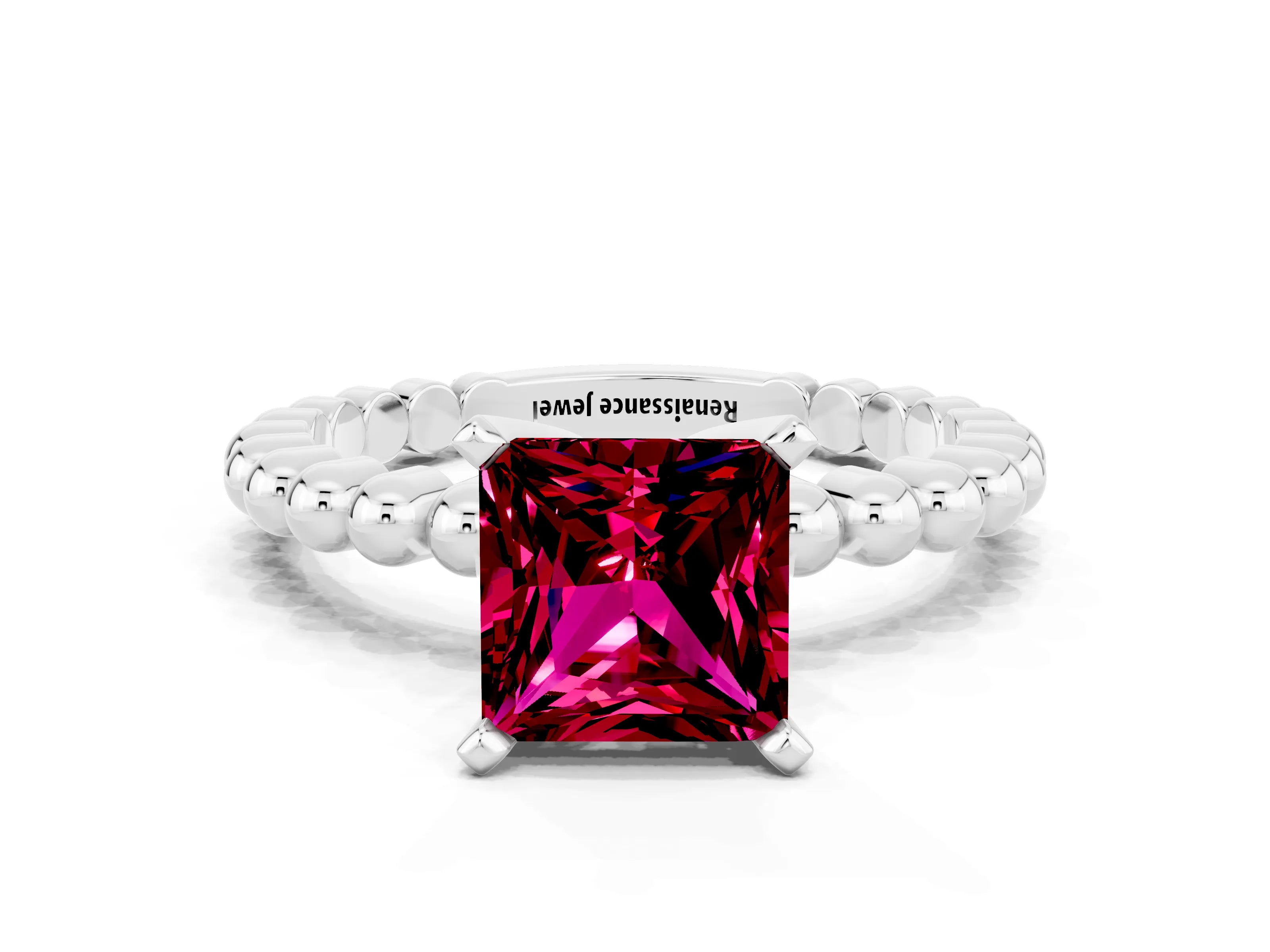 White gold Princess Cut Garnet Solitaire Ring with Beaded Band and Prong Setting_24