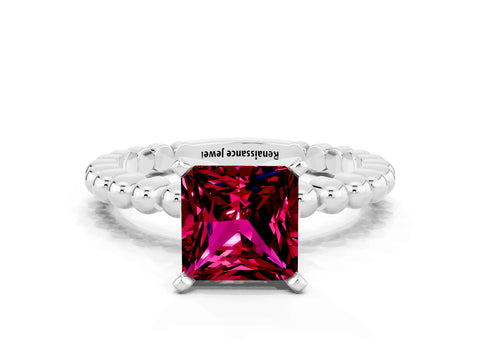 White gold Princess Cut Garnet Solitaire Ring with Beaded Band and Prong Setting_24