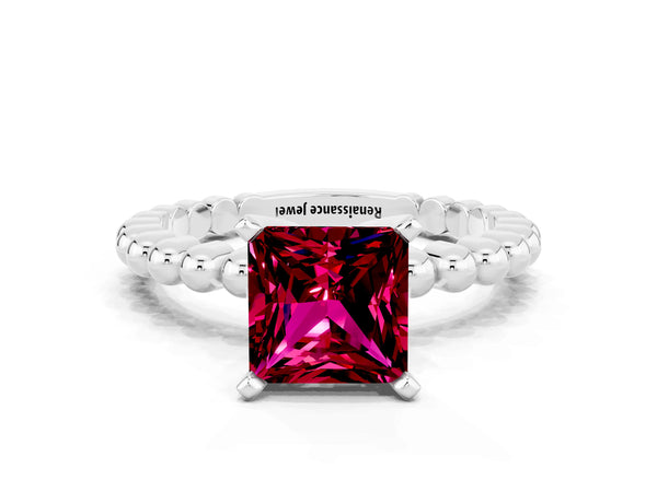 Silver Princess Cut Garnet Solitaire Ring with Beaded Band and Prong Setting