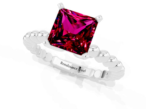 White gold Princess Cut Garnet Solitaire Ring with Beaded Band and Prong Setting_25
