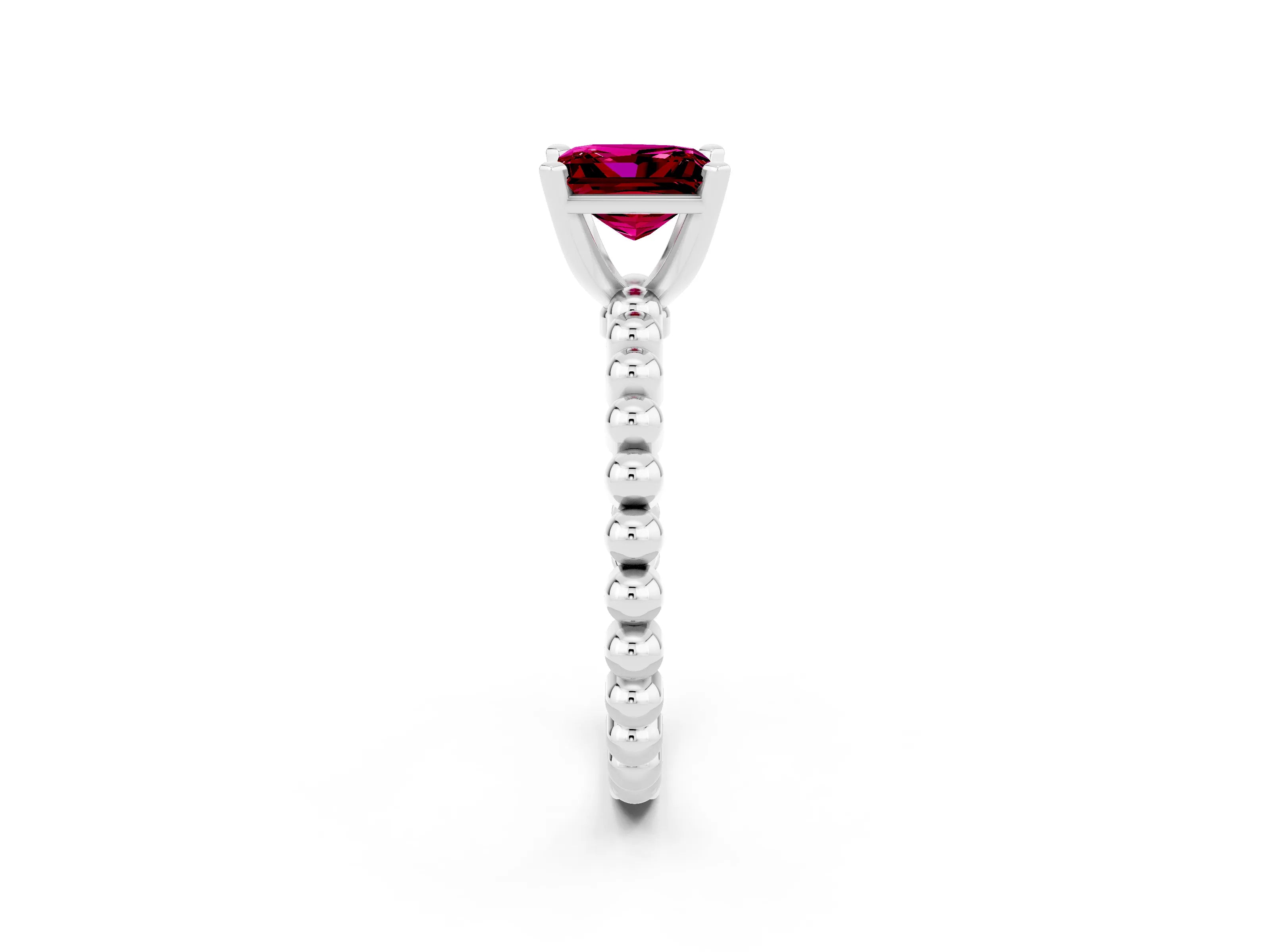 White gold Princess Cut Garnet Solitaire Ring with Beaded Band and Prong Setting_26