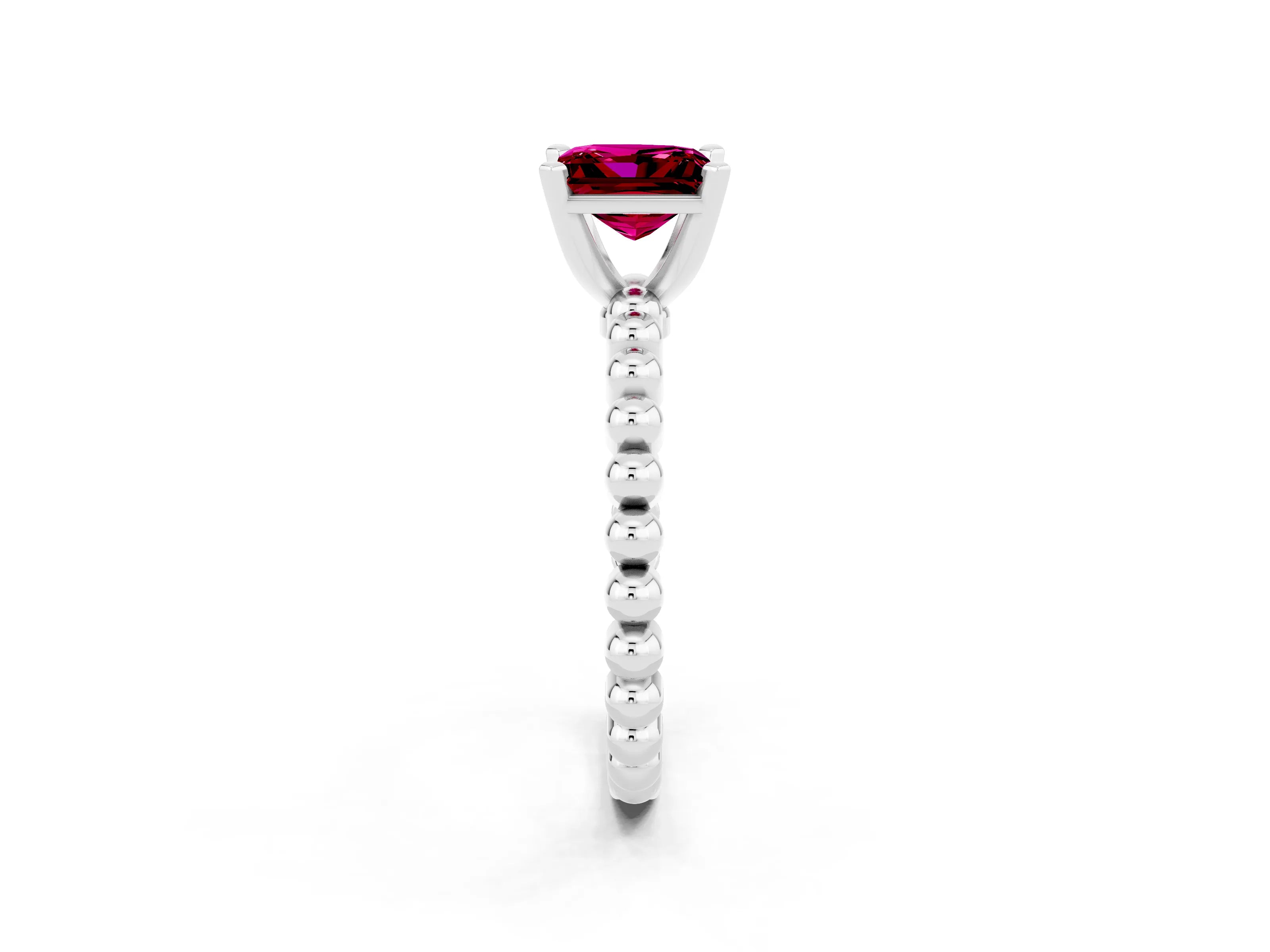 White gold Princess Cut Garnet Solitaire Ring with Beaded Band and Prong Setting_26