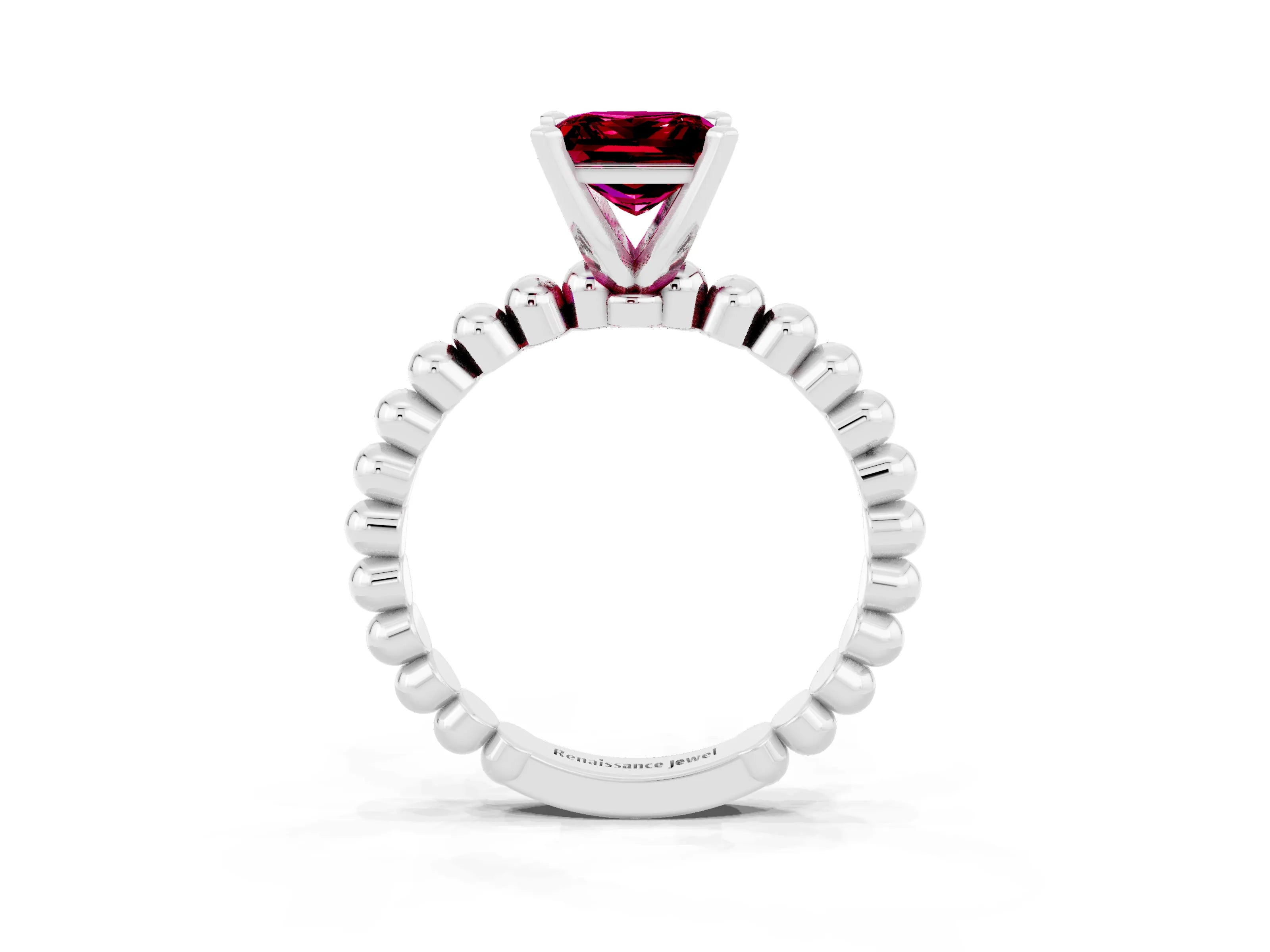White gold Princess Cut Garnet Solitaire Ring with Beaded Band and Prong Setting_27
