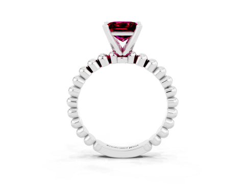 White gold Princess Cut Garnet Solitaire Ring with Beaded Band and Prong Setting_27