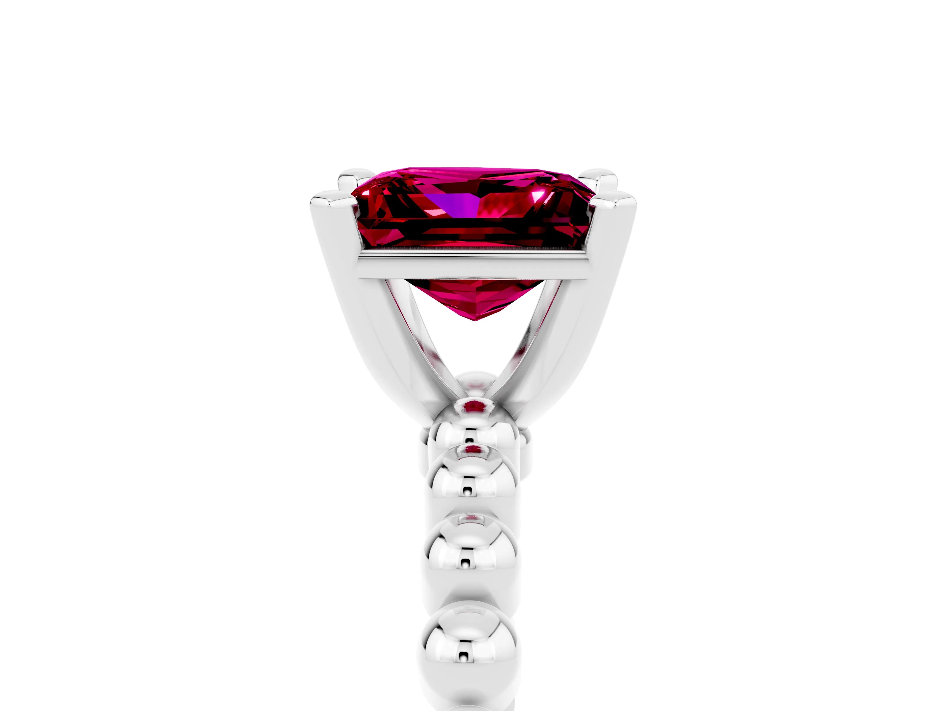 White gold Princess Cut Garnet Solitaire Ring with Beaded Band and Prong Setting_29