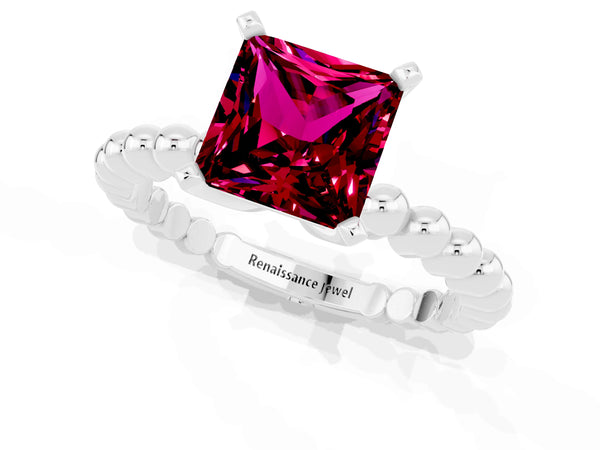 White gold Princess Cut Garnet Solitaire Ring with Beaded Band and Prong Setting