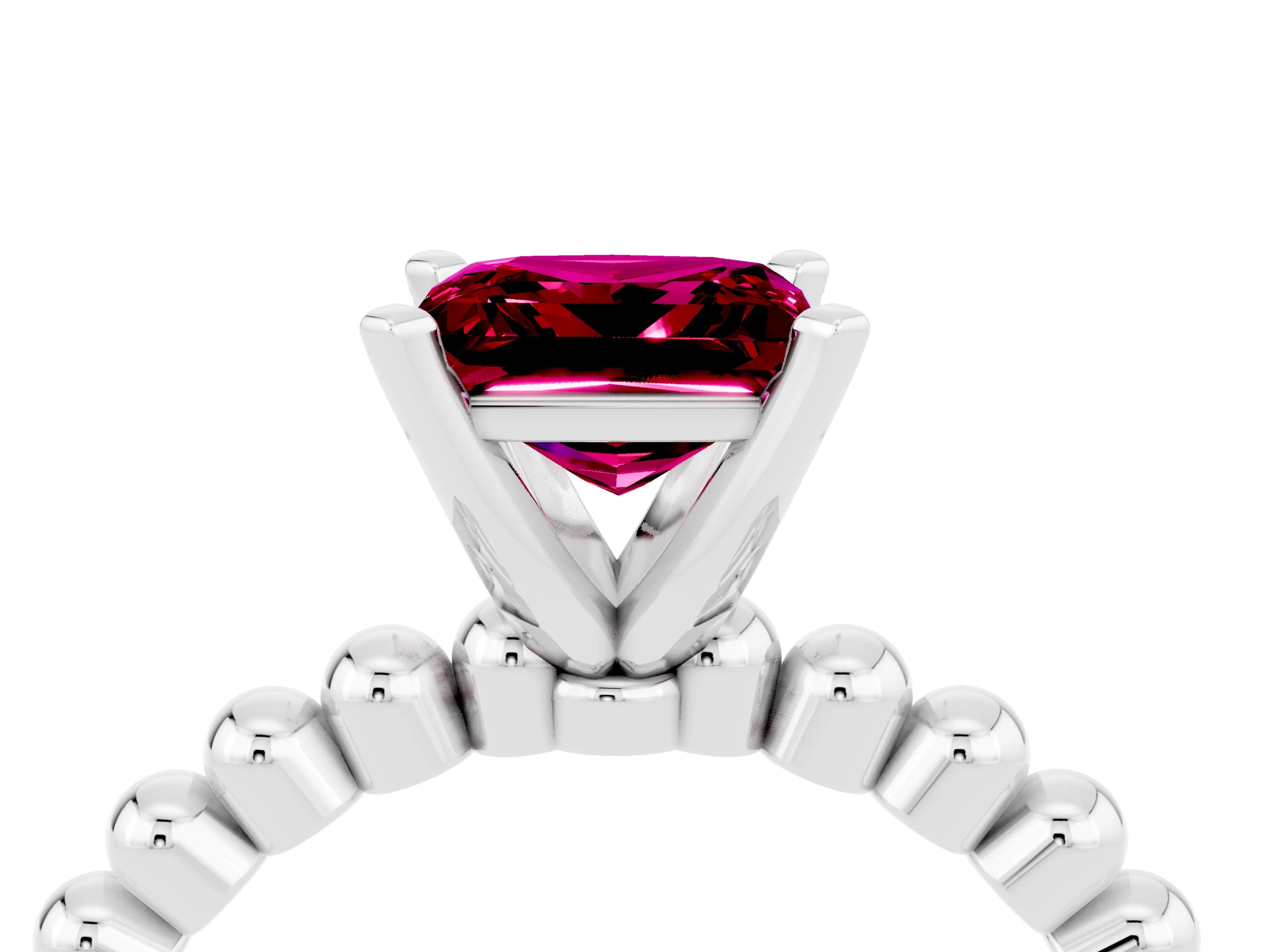 White gold Princess Cut Garnet Solitaire Ring with Beaded Band and Prong Setting_40