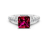 White gold Princess Cut Garnet Solitaire Ring with Cathedral Setting and Pavé Band