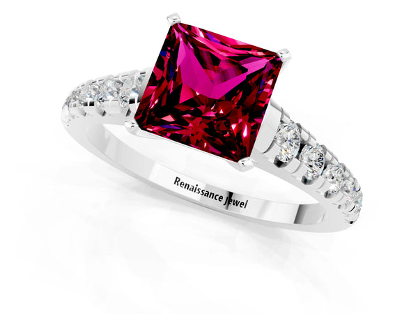 Platinum Princess Cut Garnet Cathedral Solitaire Ring with Round  Pavé Band