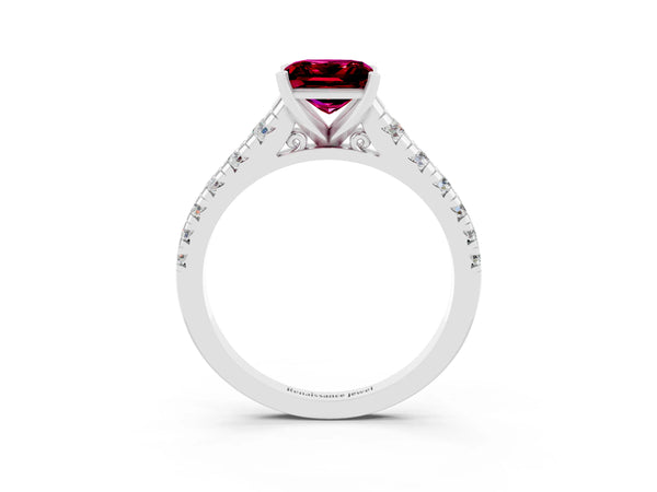 Platinum Princess Cut Garnet Cathedral Solitaire Ring with Round  Pavé Band