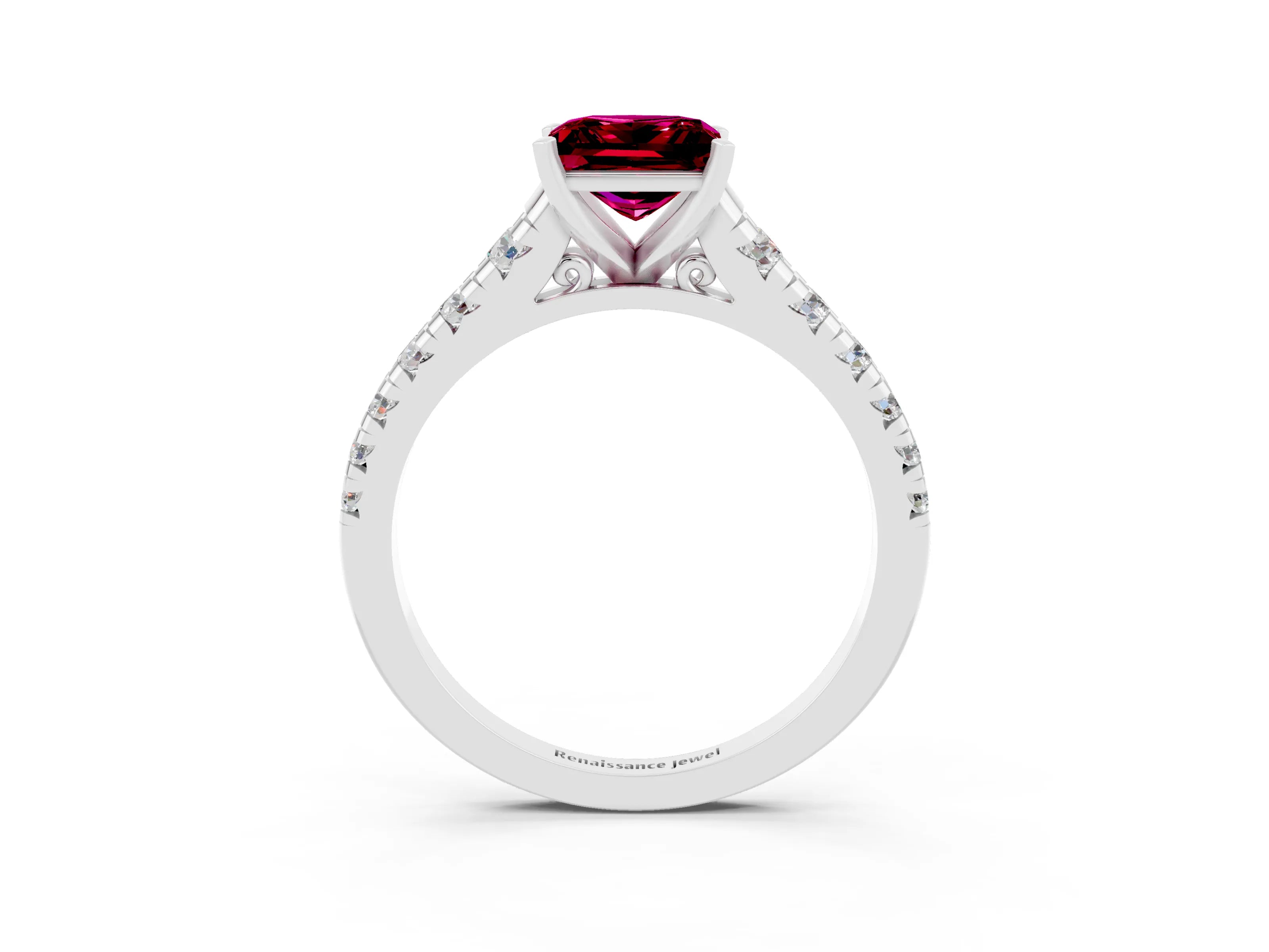 White gold Princess Cut Garnet Solitaire Ring with Cathedral Setting and Pavé Band_3