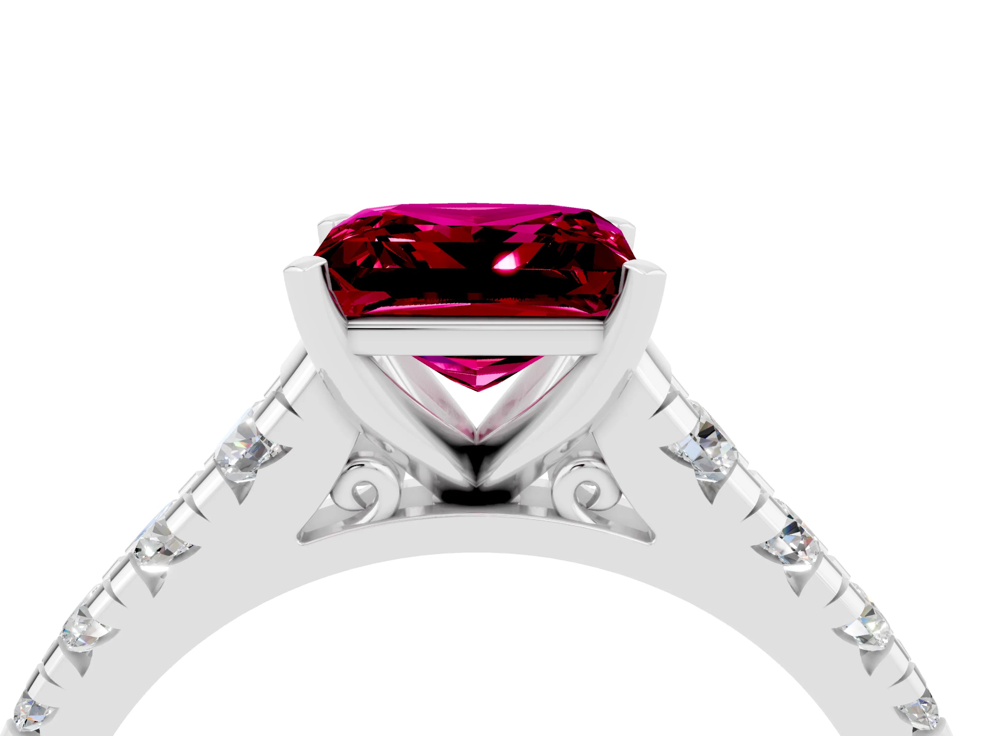 White gold Princess Cut Garnet Solitaire Ring with Cathedral Setting and Pavé Band_4