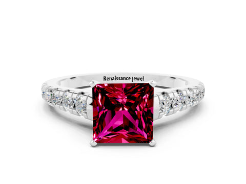 White gold Princess Cut Garnet Solitaire Ring with Cathedral Setting and Pavé Band