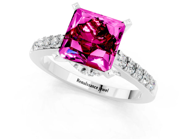 Platinum Princess Cut Garnet Solitaire Ring with Crossover Gallery and Round  Pavé Band