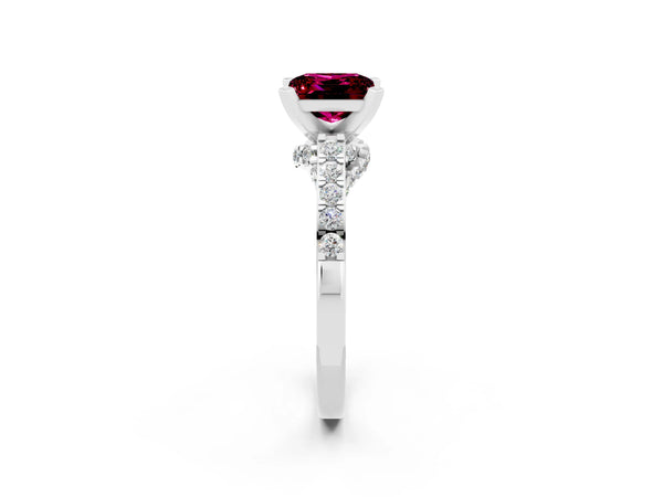 Platinum Princess Cut Garnet Solitaire Ring with Crossover Gallery and Round  Pavé Band