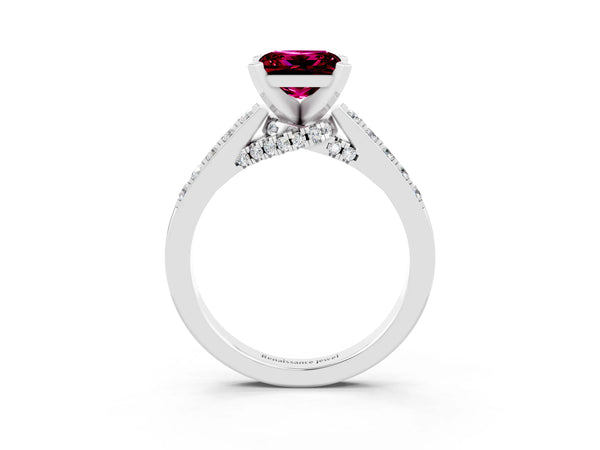 Platinum Princess Cut Garnet Solitaire Ring with Crossover Gallery and Round  Pavé Band