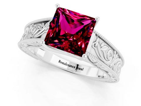 White gold Princess Cut Garnet Solitaire Ring with Engraved Band and Four-Prong Setting_1
