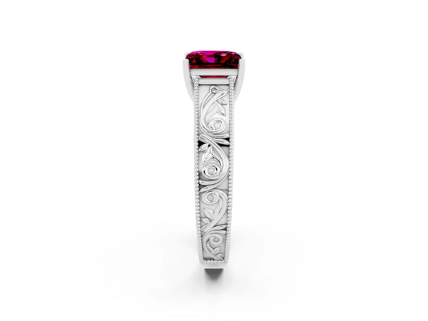 White gold Princess Cut Garnet Solitaire Ring with Engraved Band and Four-Prong Setting