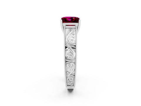 White gold Princess Cut Garnet Solitaire Ring with Engraved Band and Four-Prong Setting_2