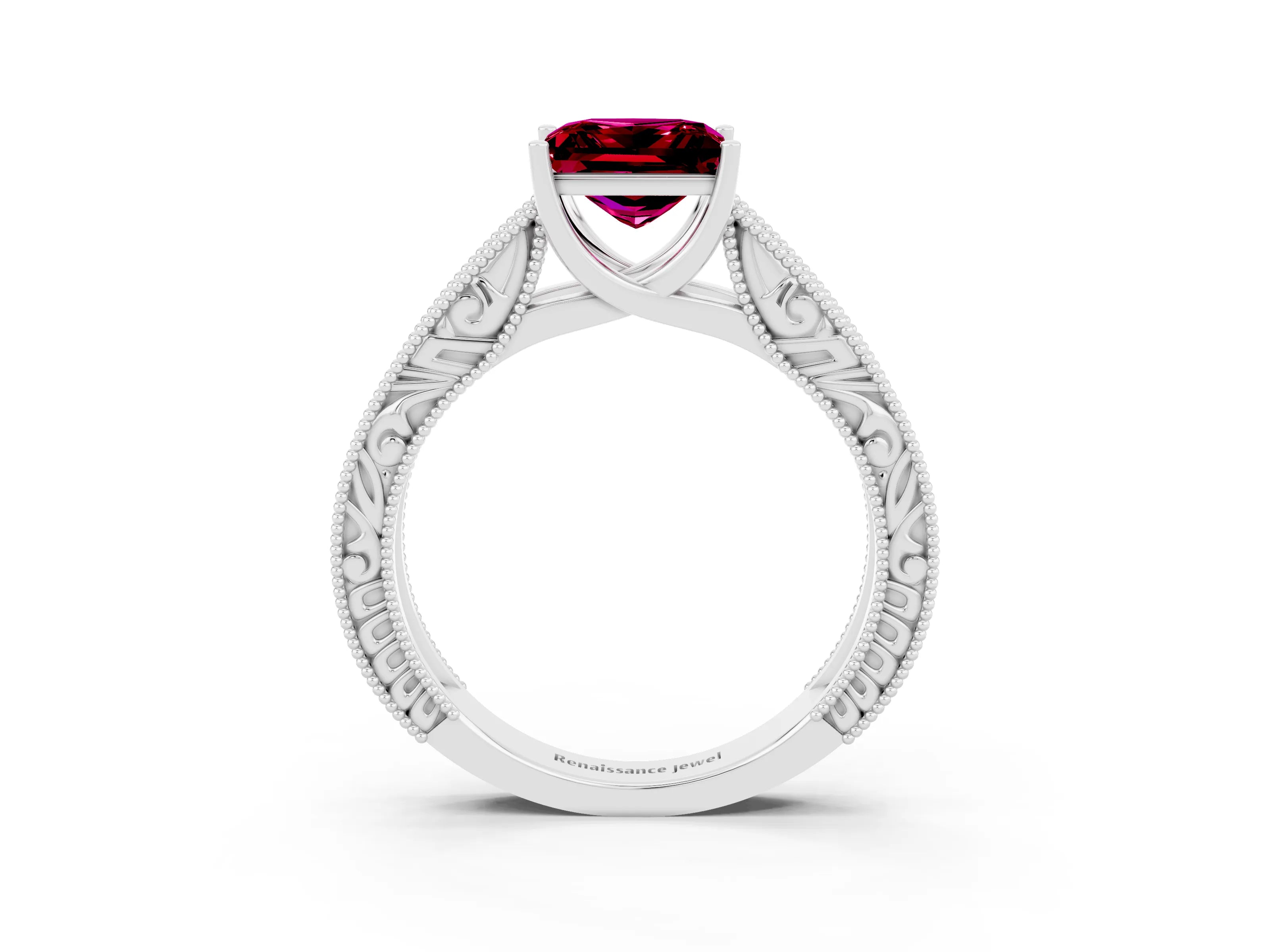 White gold Princess Cut Garnet Solitaire Ring with Engraved Band and Four-Prong Setting_3