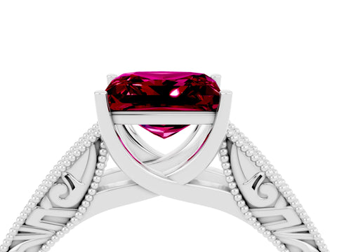 White gold Princess Cut Garnet Solitaire Ring with Engraved Band and Four-Prong Setting_4
