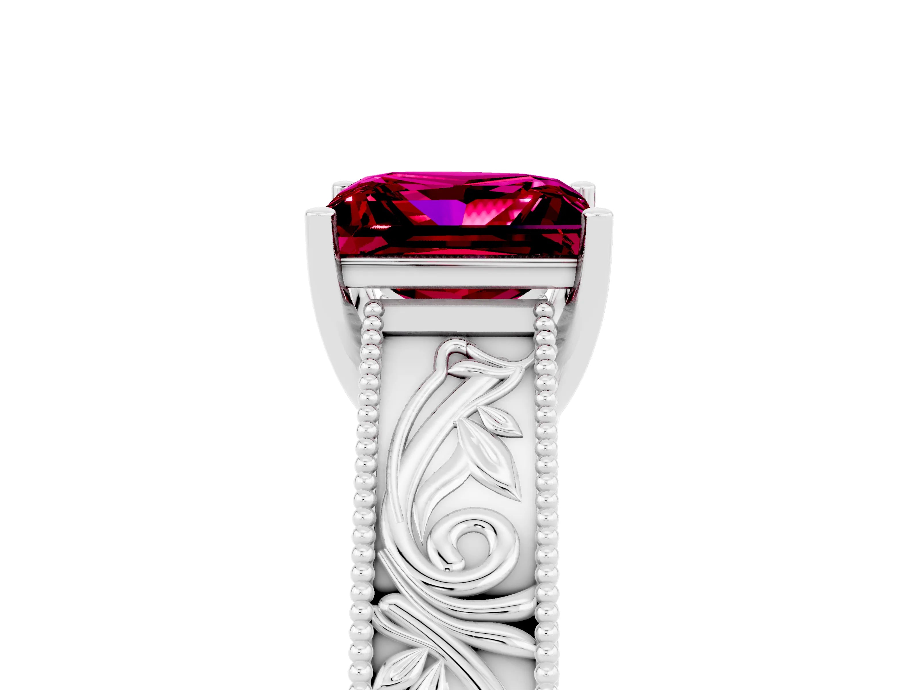 White gold Princess Cut Garnet Solitaire Ring with Engraved Band and Four-Prong Setting_5
