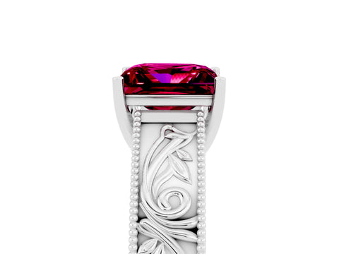 White gold Princess Cut Garnet Solitaire Ring with Engraved Band and Four-Prong Setting_5