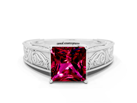 White gold Princess Cut Garnet Solitaire Ring with Engraved Band and Four-Prong Setting