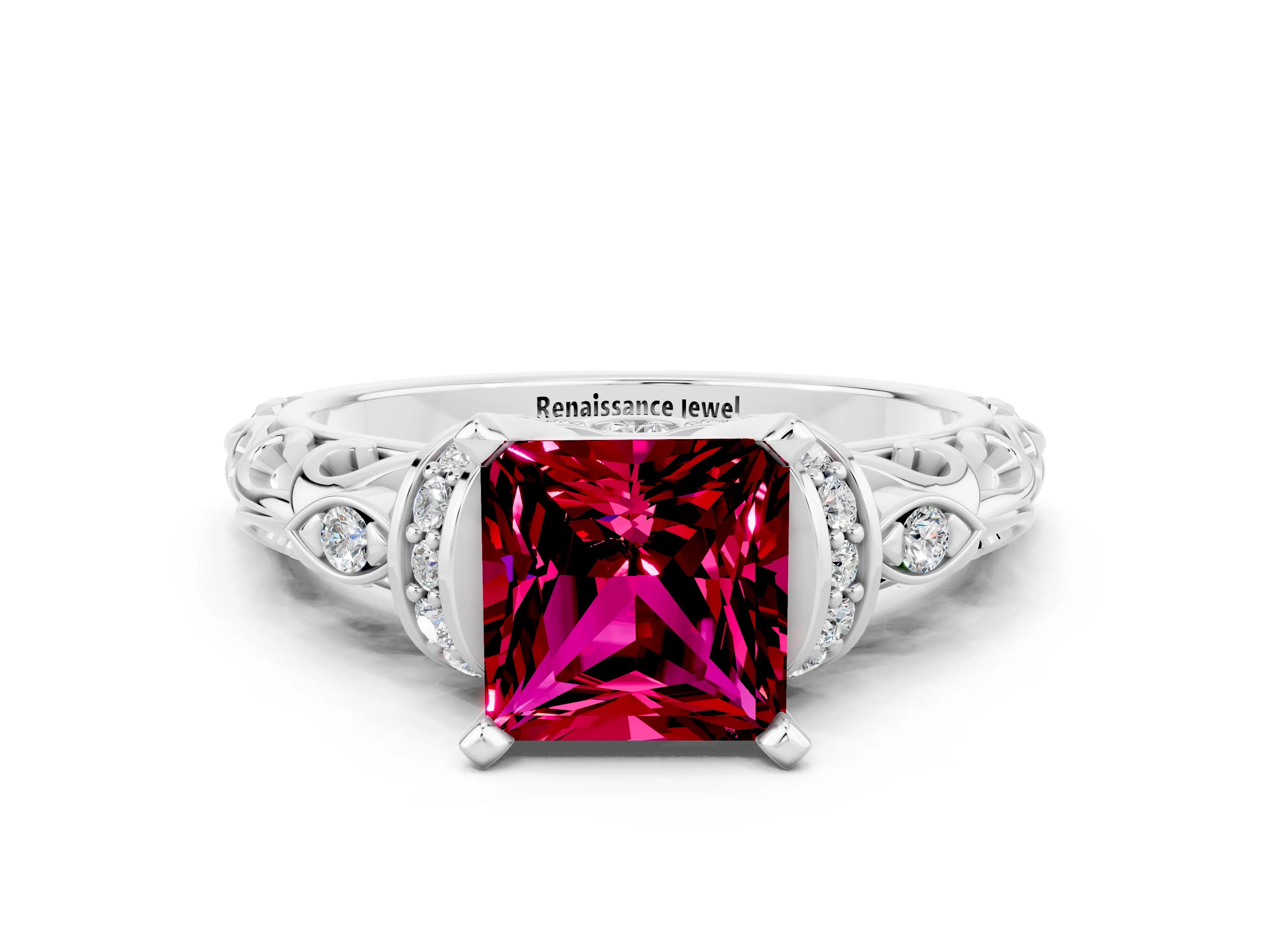 White gold Princess Cut Garnet Solitaire Ring with Filigree Band and Four-Prong Setting_24